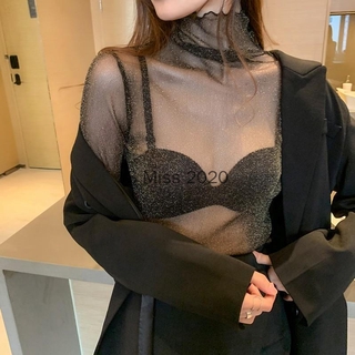 S Miss ผู้หญิงเกาหลีคอสูงเซ็กซี่ซีทรูผ้าโปร่งผ้าโปร่งลูกไม้ bottoming เสื้อผู้หญิงเสื้อชั้นในป้องกันแสงแดดแฟชั่น