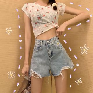 🌼 กางเกงยีนส์ขาสั้น 🌼 มีลายดอกไม้น่ารัก ใส่สบายทรงสวย เอวสูง