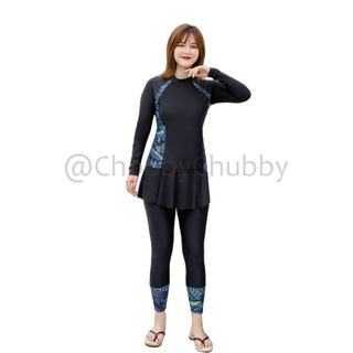 1188-ชุดว่ายน้ำแขนยาว และกางเกงกระโปรงขายาว สีดำแต่งลายสีฟ้า