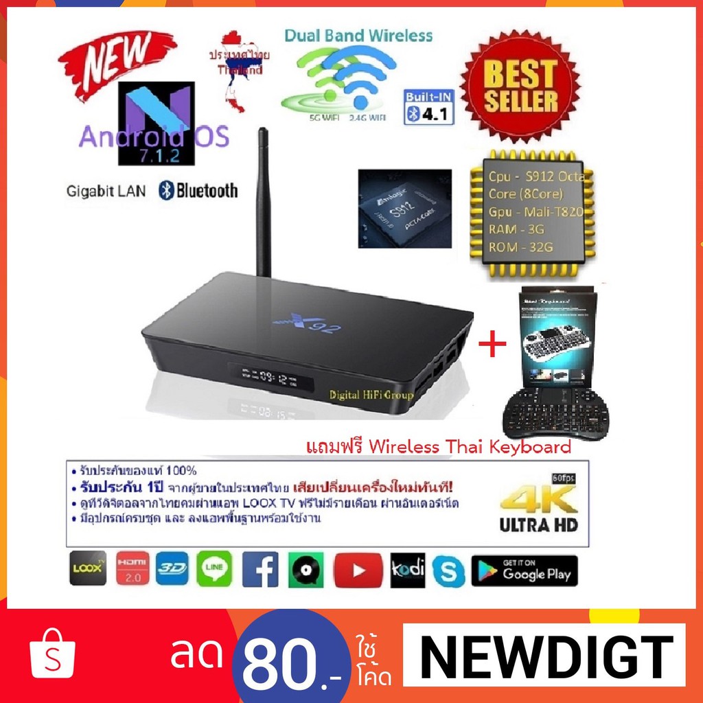 Android Smart TV Box X92 Octa Core Cpu S912 RAM 3G ROM 32G UHD 4K Android Nougat 7.1.2 แถม Wireless 