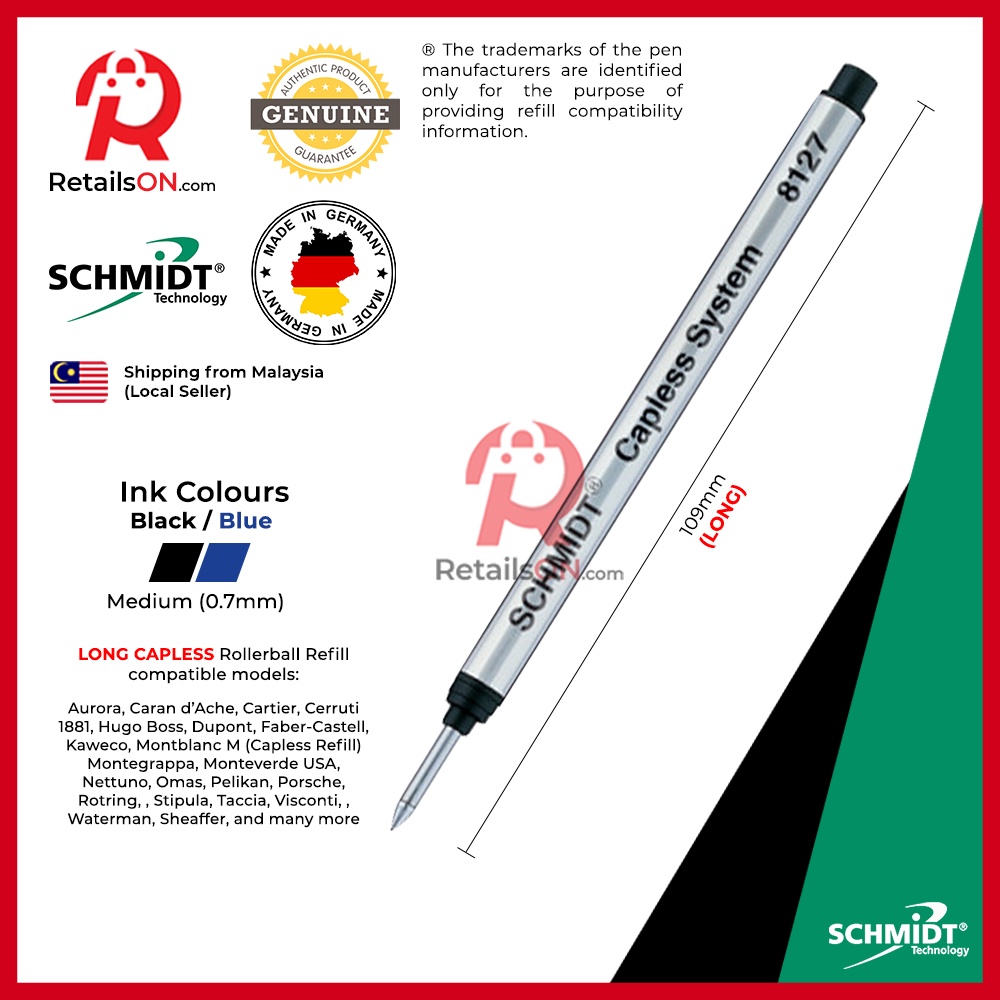 Schmidt Refill CAPLESS Rollerball 8127 (LONG) - Medium (M) - สีดํา/น้ําเงิน [1pc] [ขายปลีก]