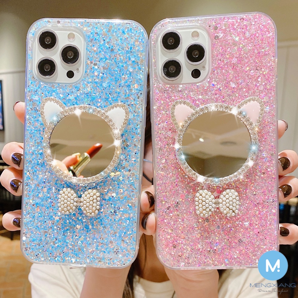 ปลอกสําหรับ IPhone 16 15 14 13 12 11 Pro Max X XS 8 7 6 6S Plus SE 2020 แฟชั่นหูแมวทําให้กระจก Starlight Sparkle ป้องกันฝาครอบป้องกันเคสโทรศัพท์