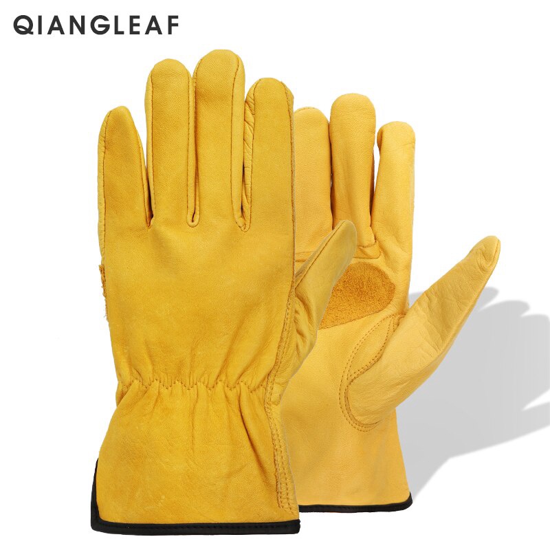 Qiangleaf ถุงมือกลางแจ้งรหัสยุโรป H92-1 ถุงมือหนังขับรถป้องกันความปลอดภัย Cowhide สีเหลืองลื่นป้องกันแรงงานทนต่อการสึกหรอ
