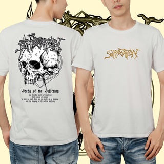 แขนสั้นcrew neckเสื้อยืด พิมพ์ลายหัวกะโหลก Suffocation Metal Band The Suffering Skull สีขาวกรมท่า สีดํา พรีเมี่ยม MIMI_0