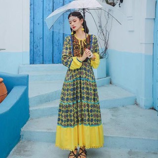 L37 - เดรสยาวพิมพ์ลาย แขนยาว ชายระบาย สีเหลือง