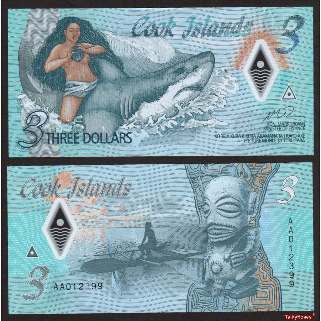 ธนบัตร หมู่เกาะคุก COOK ISLANDS 3 ดอลลาร์ นางเงือกกับปลาฉลาม P-11 ปี 2021 โพลิเมอร์ สีสวย สภาพใหม่เอี่ยมสำหรับสะสม