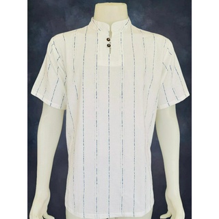 เสื้อผ้าฝ้าย ผ้าพื้นเมือง (ลายแซง) คอจีน กระดุมกะลา 2 เม็ด แขนสั้น