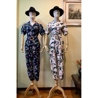 🥨🍀flower jumpsuit 🍀🥨จั้มสูทผ้าลายปริ้นส์ ซิปหน้า พร้อมเข็มขัด สม็อคด้านหลัง ใส่งาน งานน่ารักมาก