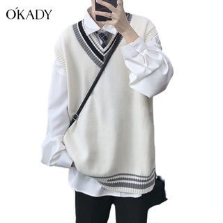 OKADY 【COD】เสื้อกั๊กชาย แฟชั่นคู่เสื้อถักนิตติ้งเวอร์ชั่นเกาหลี V คอเสื้อแขนกุดอบอุ่น ins แจ็คเก็ตลำลองหลวม