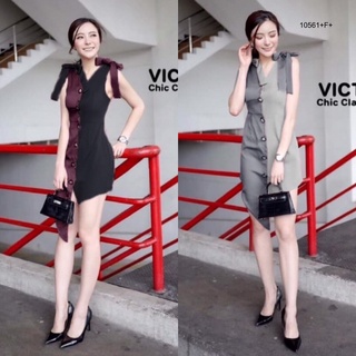 TW10561 Dress เดรสแขนกุด โบว์ไหล่ทูโทนงานผ้าซาร่า ชายยาว 1 ข้าง มีซิปหลัง