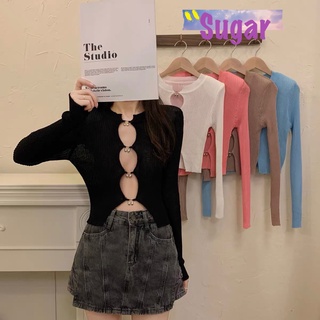 Sugar 🌈พร้อมส่ง🌈เสื้อไหมพรม แขนยาว คอกลม แหวกกลางอก มีตะขอเกี่ยว(37016)
