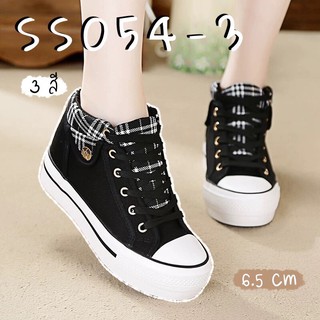 SS054-3 รองเท้าผ้าใบส้นตึกลายสก็อต แบบขายดี ข้อสูง/หุ้มข้อ สีดำ/กรม/แดง