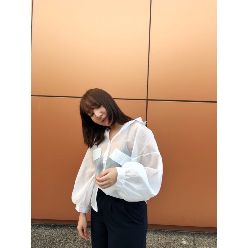 Puffy shirt (white/old rose) - เสื้อเชิ้ตซีทรู