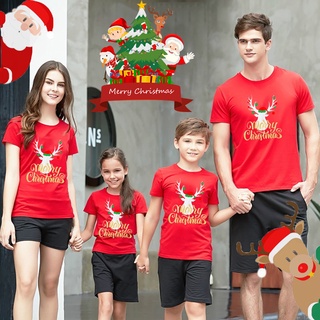 เสื้อยืดMerry Christmas Deer  Family Red Matching Baby Romper+T-Shirt Christmas Family Tee Xmas Gift 80