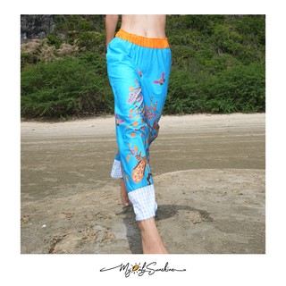 Myonlysunshine BT2021 PANTS / กางเกงขายาว ลายดอก เอวยางยืด สีน้ำเงิน