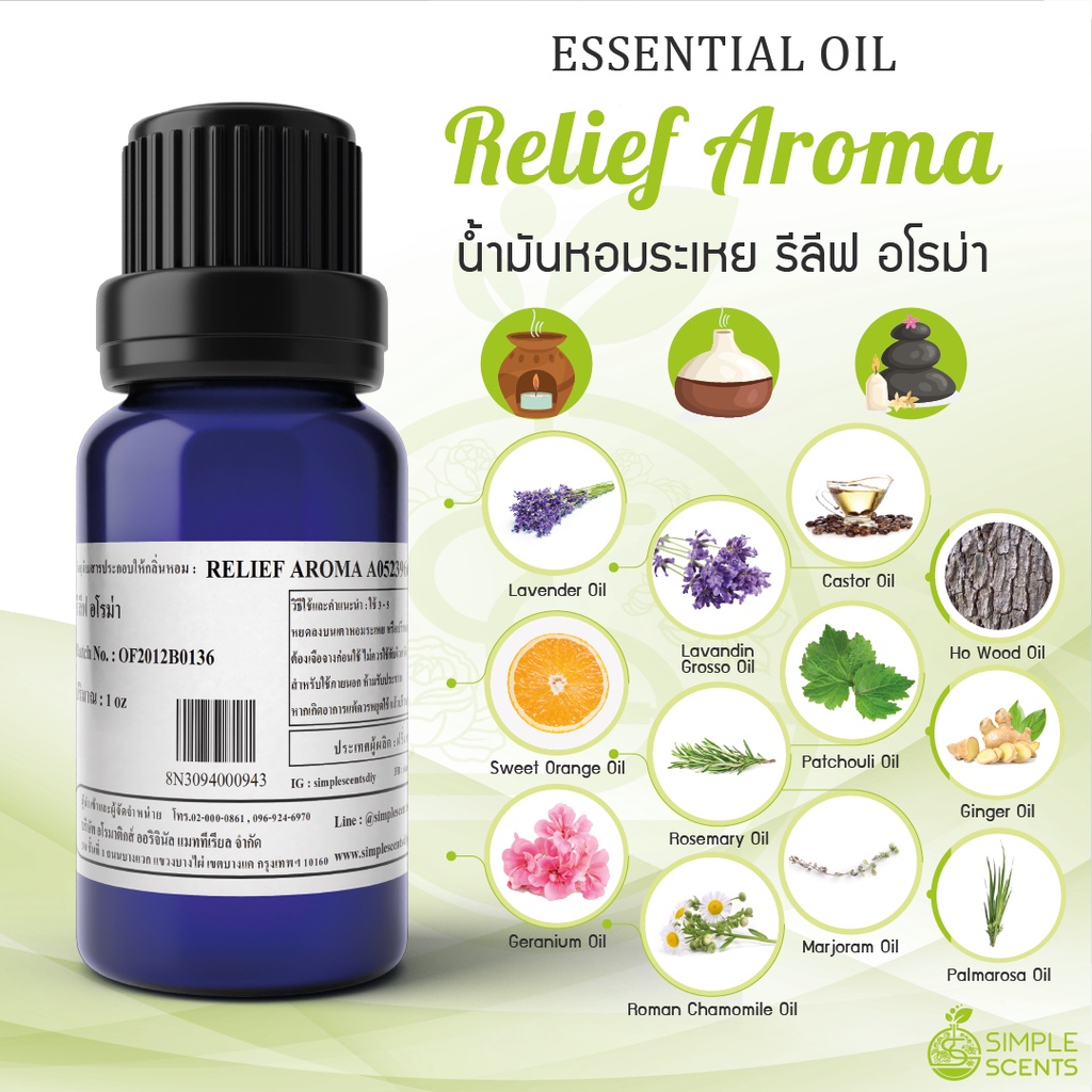 น้ำมันหอมระเหย รีลีฟ อโรม่า / Relief aroma - Essential Oil​ - Blend 100% / สกัดจากธรรมชาติ 100%