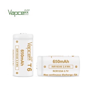 ถ่านไฟฉาย Vapcell T6 INR16340 RCR123A 650mAh 2.4Wh ของแท้ เช็คโค๊ตได้