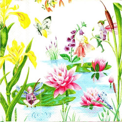 Pladao Napkin 2983 ภาพ Fairy แฟรี่ในสวนดอกไม้ พื้นครีม กระดาษ แนพกิ้น สำหรับงานศิลปะ เดคูพาจ decoupage ขนาด L 33x33