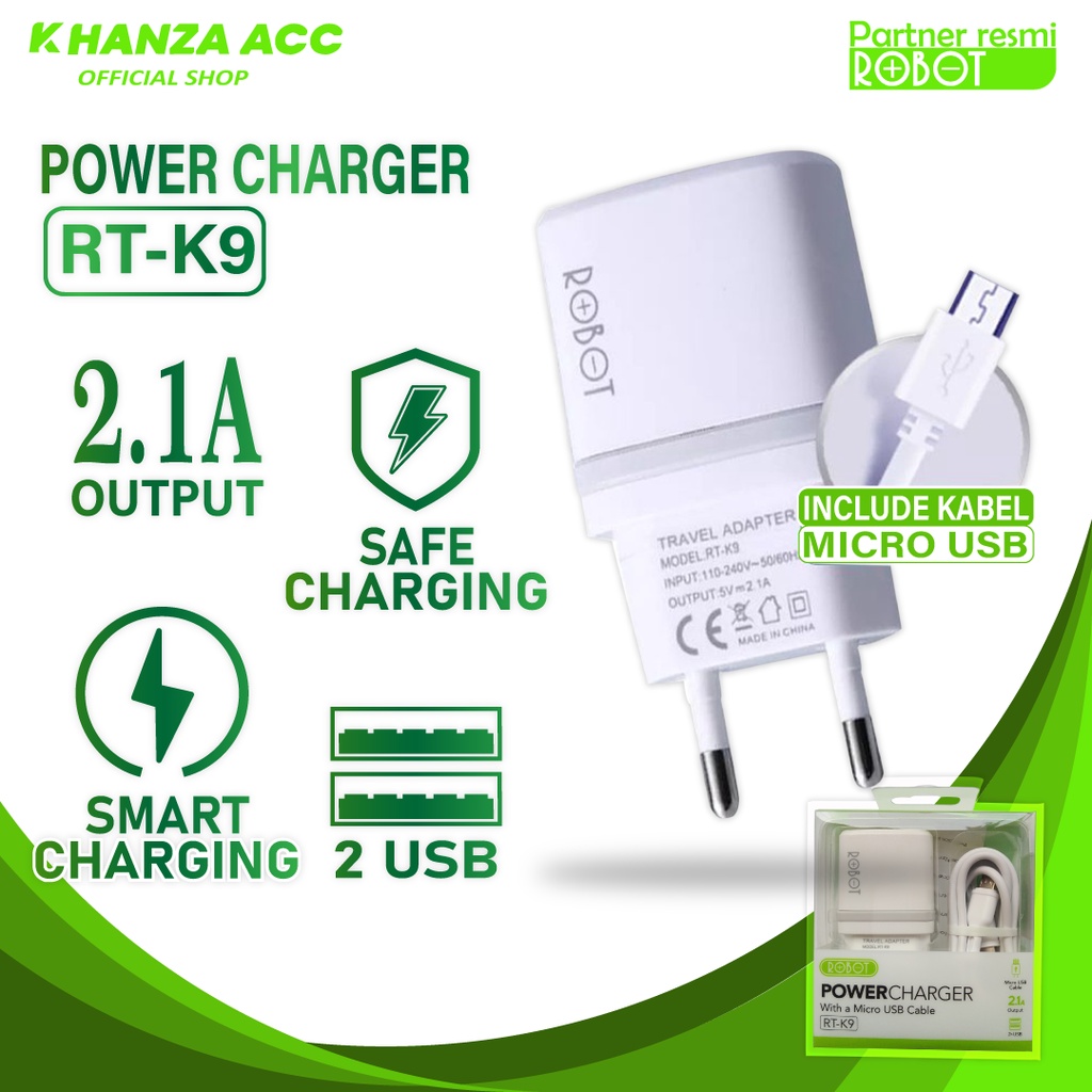 KHANZAACC Charger Robot RT-K9 12W Dual Port 2.1A Adaptor + Micro USB Data Cable