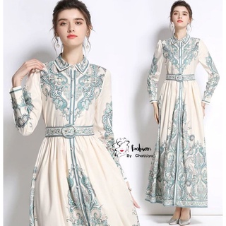 พร้อมส่ง🏰เดรสปกเชิ้ตผ้าซาตินพิมพ์ลาย+เข็มขัด⛪ chattiya