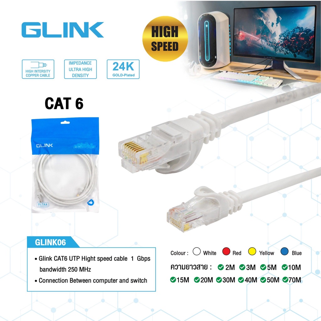 สายแลน Glink cat6  UTP Lan cable สายแลนสีขาว ความยาว 2-20 เมตร (สำหรับใช้ภายใน) RJ-45