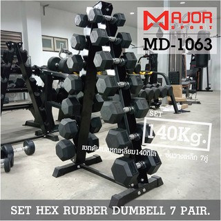 ดัมเบลหกเหลี่ยมหุ้มยาง ชุด 140Kg. พร้อมชั้นวางดัมเบลเหล็ก 7คู่ ทรงA รุ่น MD-1063