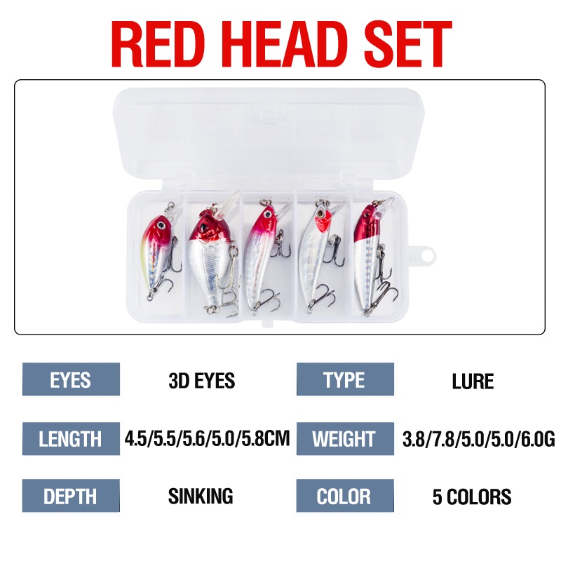 ชุดเหยื่อตกปลา พลาสติกแข็ง หัวสีแดง 4.5 5.5 5.6 5 5.8 ซม. 5 สี 5 ชิ้น ต่อกล่อง - รูปที่ 2
