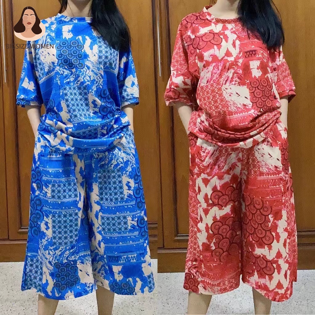 Bigsizewomen⭐️พร้อมส่ง⭐️ชุดเซ็ทคนอ้วน เซ็ต2ชิ้น เสื้อผ้าคนอ้วนพิมพ์ลาย over size เสื้อผ้าสาวอวบ อก46