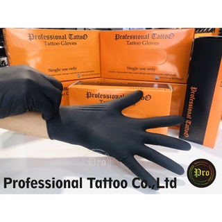 ถุงมือสีดำช่างสักถุงมือยางไนไตรสีดำ ไม่มีแป้ง Size S , M ,L มี 100ชิ้น ถุงมือProfessional Tattoo กล่องส้ม แบบหนา