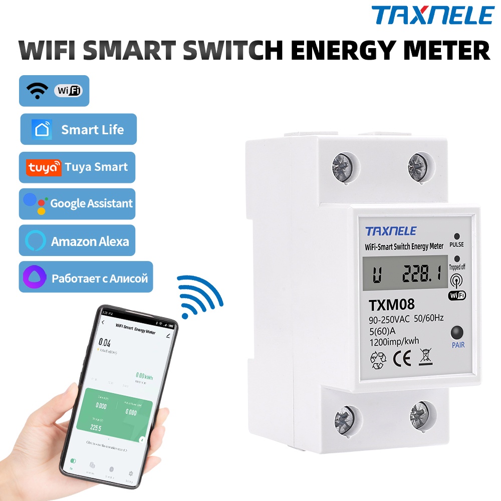 60a แบบเติมเงิน WIFI Smart TUYA เครื่องวัดพลังงาน Kwh เซอร์กิตเบรกเกอร์ สวิตช์ตั้งเวลา การป้องกันกระ