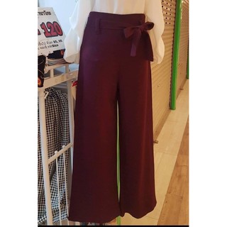 กางเกงเอวผูกโบว์S-XL ผ้าฮานาโกะ ขาบาน งานซิปข้าง ไม่มีกระเป๋า เอวสูง ใส่สบาย
