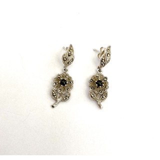 ต่างหูเงินแท้925 ตัวเรือนเงินแท้ประดับมาร์คาไซท์&amp;ออร์นิค(Onyx)(Marcasite Earring)