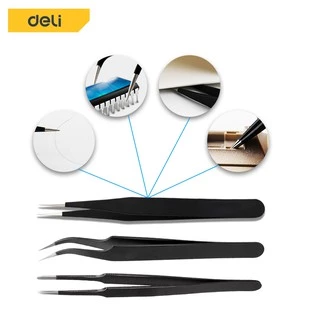 Deli 3ชิ้น ปากคีบ แหนบ ที่คีบเพชร ปากคีบตรง ปากคีบโค้ง ปากขบกันหมดไม่มีบาก ป้องกันไฟฟ้าสถิตย์ วัสดุสแตนเลส tweezer