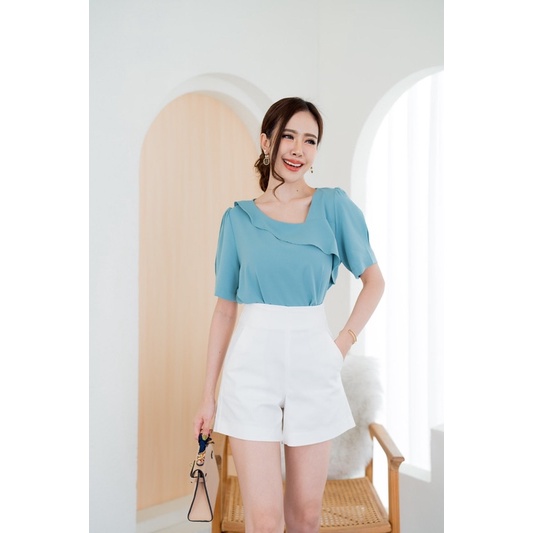 B-SLV01 เสื้อแขนสั้นคอเฉียง สีเขียวน้ำทะเล(สวยมาก)