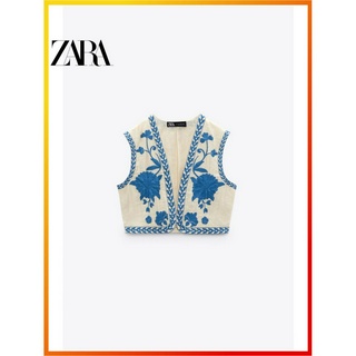 Zara ใหม่ เสื้อกล้าม แขนกุด ผ้าฝ้าย ปักลาย เปิดด้านหน้า สําหรับผู้หญิง 6895023 250