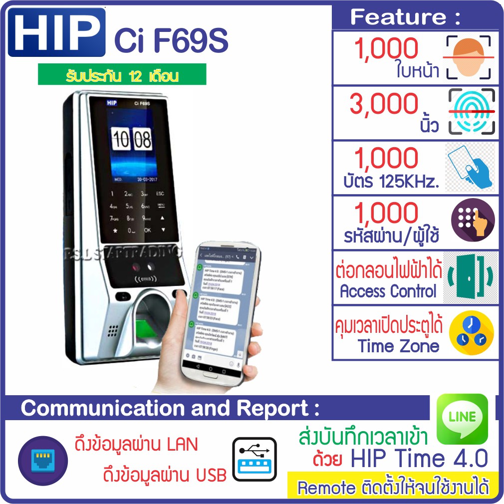 HIP CiF69S เครื่องสแกนหน้าลายนิ้วมือทาบบัตรเปิดประตู มี TimeZone กำหนดช่วงเวลาให้เปิดประตูได้
