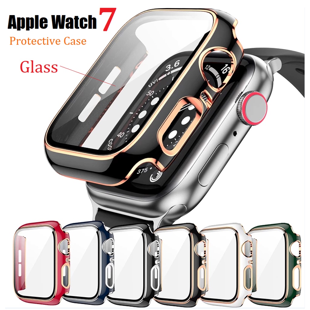 เคส applewatch Radium Carving PC Glossy Plated 360 full Screen protector Bumper hard Case for Apple Watch Series 7 Tempered glass film for  i Watch 41mm 45mm เคส applewatch series 7