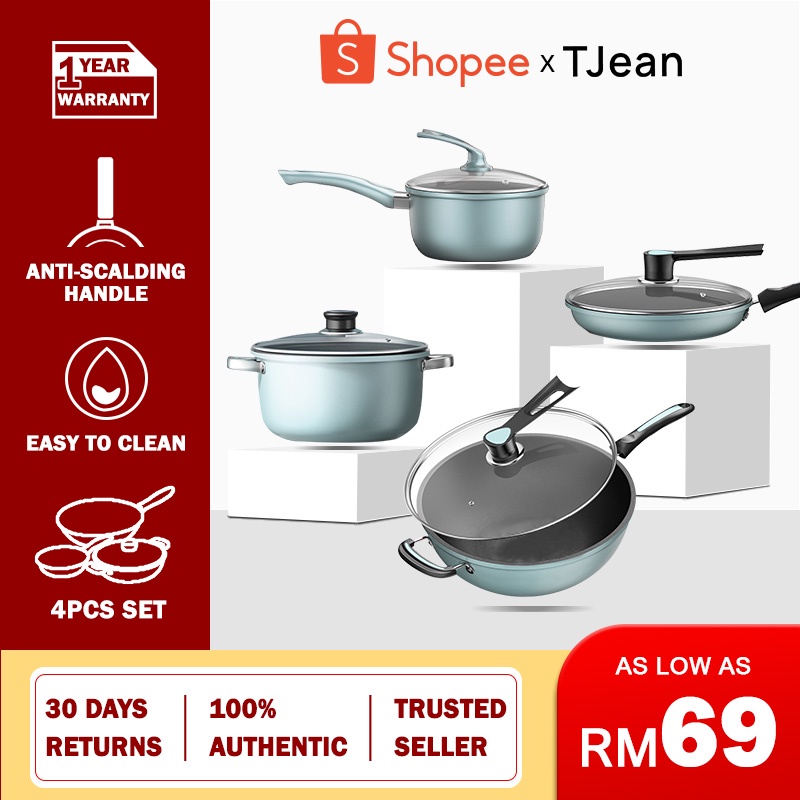 Tjean กระทะเคลือบหินทางการแพทย์ หลายเตา ไม่เหนียวติด ขนาด 24 ซม. 16 ซม. 32 ซม.