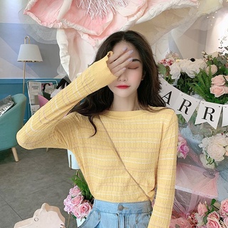 เสื้อยืดแขนยาว ผ้าถัก แบบบาง สีเหลือง สไตล์ใหม่