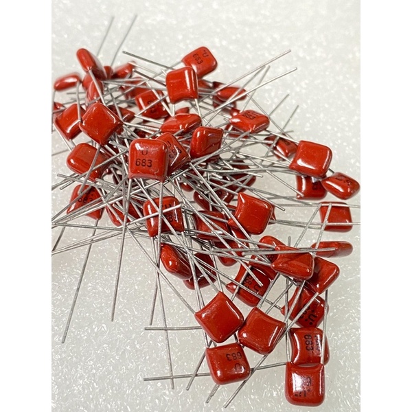 0.068UF 50V 683PF 683J (แพ็ค10ตัว/50ตัว/100ตัว)Cไมล่า คาปาซิเตอร์ญี่ปุ่น ขาห่าง 5มิล แท้ใหม่แกะกล่อง