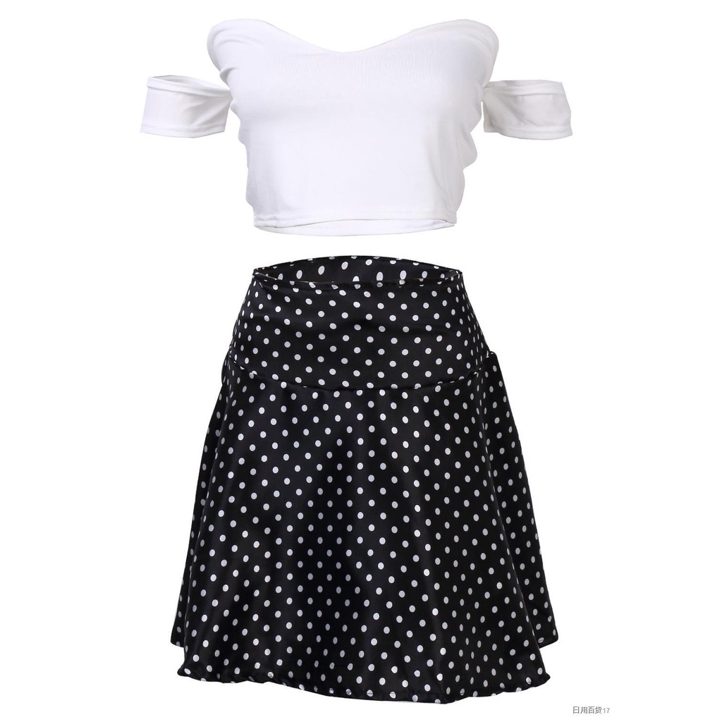 ஐWomen Sets Sexy Fashion Ladies Short Sleeve Crop Tops + Polka Dot Bodycon Party Dress Outfit Sets Clubwear Casual Cloth