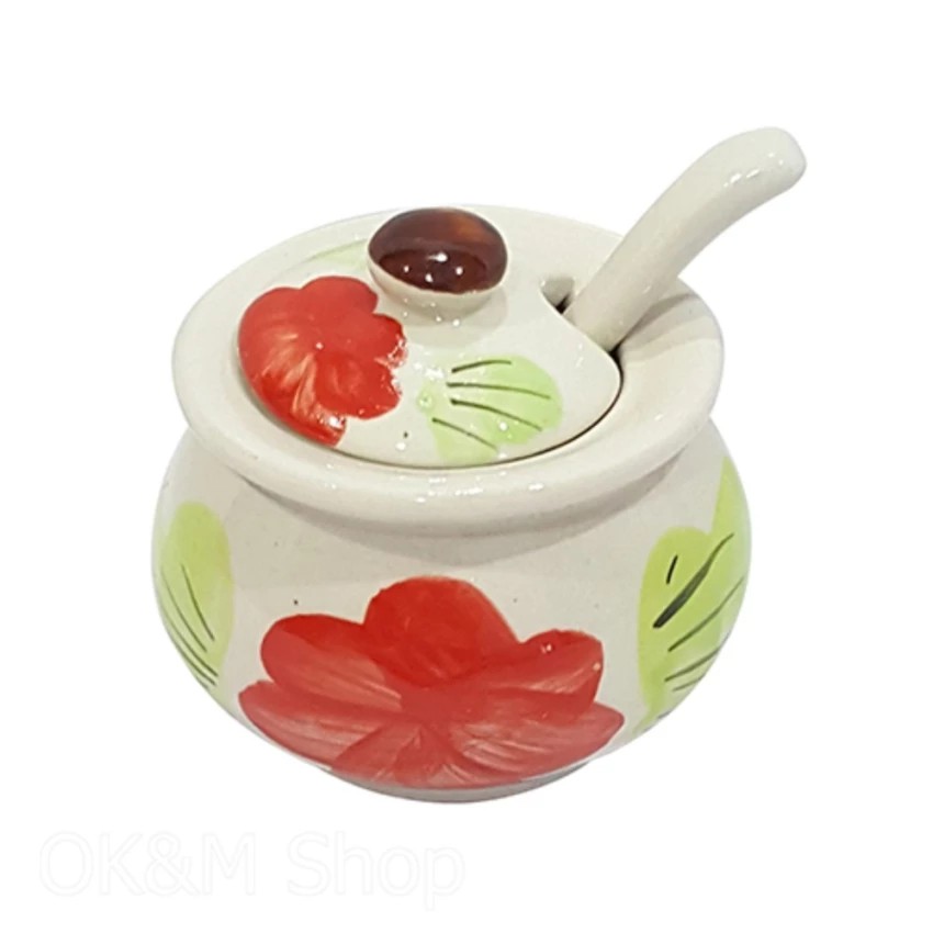 OL&P shop ถ้วยน้ำจิ้ม ถ้วยน้ำพริก (เซรามิค) ฝาปิดพร้อมช้อน ขนาด 9x9x9ซม.คละสี