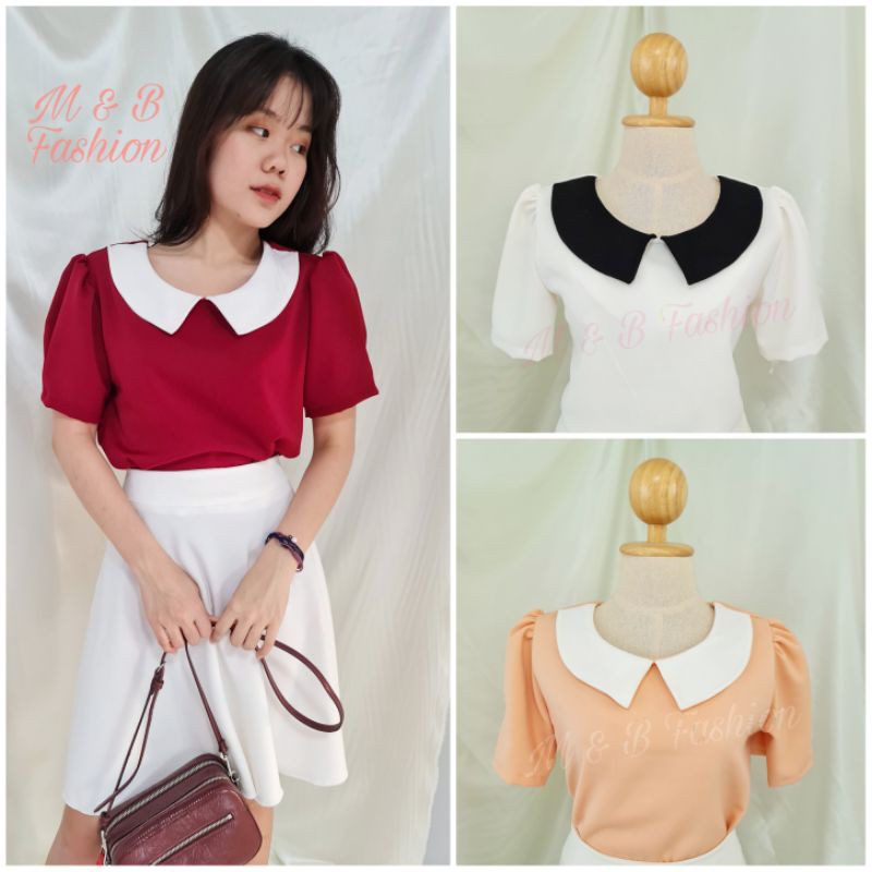 🍊เสื้อคอกลมมีปกแขนตุ๊กตา159฿🍊เลือกเปลี่ยนสีปกได้เสื้อทำงาน