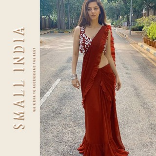 {**ส่งฟรี**} SMALL INDIA 💖✨ Maroon Georgette Lehenga Saree 💖✨ One Level Up