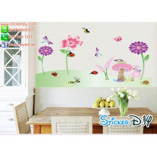 SALE Transparent wall sticker สติ๊กเกอร์ติดผนังกรอบรูป ดอกไม้และเห็ด สีชมพูม่วง (กว้าง123cm.xสูง62cm.)