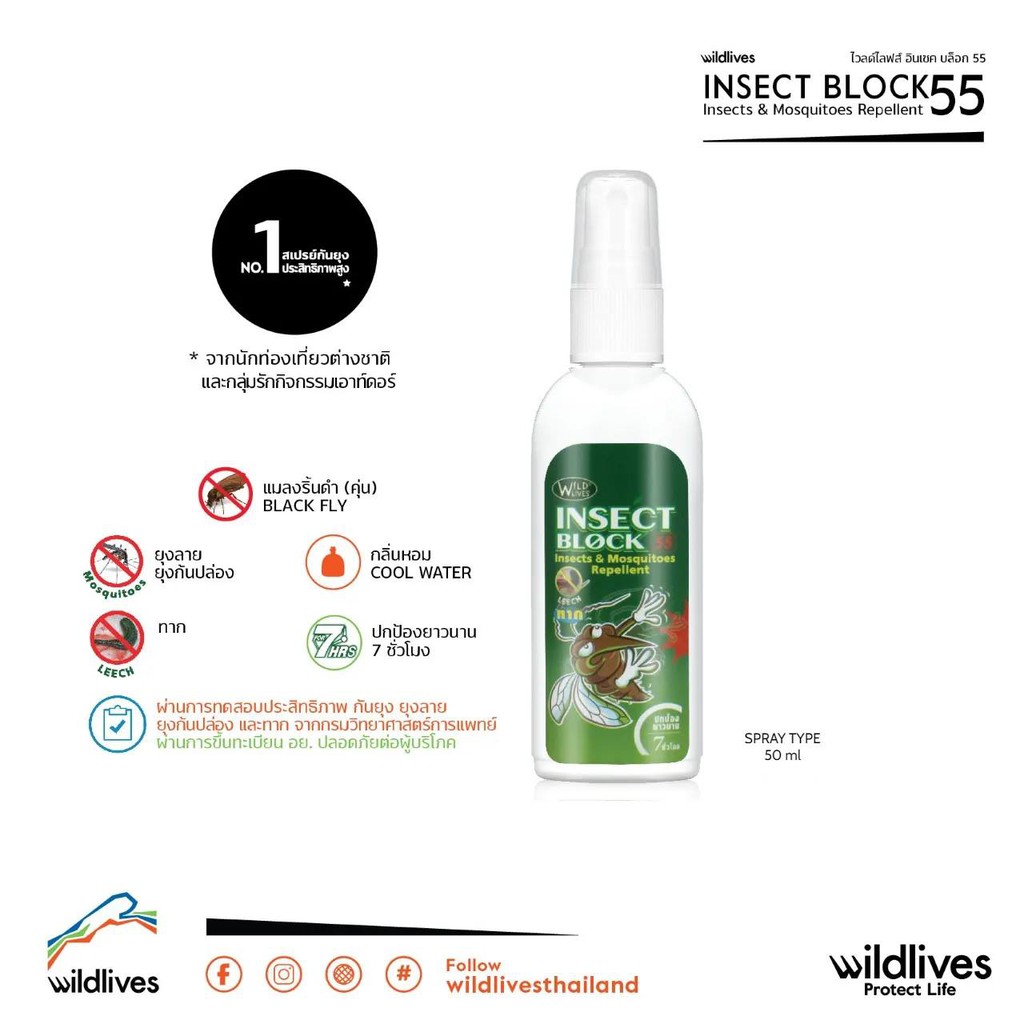 สเปรย์ป้องกันยุง และแมลง 55% Wild Lives Insect Block 55