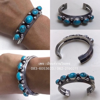 เทอร์ควอยซ์ อัญมณีเเท้ งานเมกา Old Pawn Navajo Bracelet .925 Silver Turquoise Cuff Signed J. M. Haley