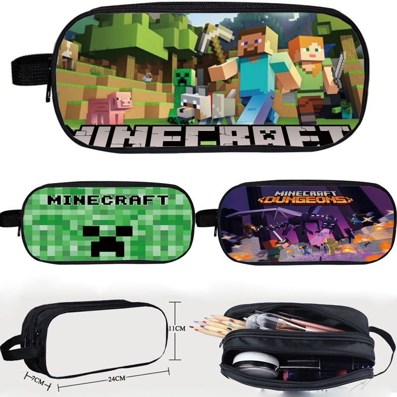 กระเป๋าดินสอ กระเป๋าใส่เหรียญ ผ้าแคนวาส มีซิป ลายเกม Minecraft ROBLOX 2 ชั้น ขนาด 24x11x7 ซม. สําหรั