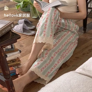 กางเกงขายาว แต่งขอบลูกไม้ ลายดอกไม้ สไตล์เกาหลี เรโทร