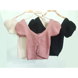 เสื้อครอปไหมพรมถัก คอกว้าง ผูกหน้า แขนพองตุ๊กตา